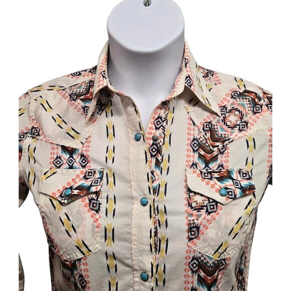 Wrangler Womens XS Western Turquois Pearl Snap Shirt Cotton Aztec Cowgirl - Picture 3 of 9
